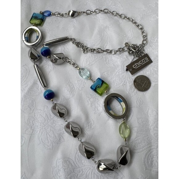Chicos Blue Green Faux Glass SIlver Tone 18" Long Statement Necklace NEW - Picture 10 of 16